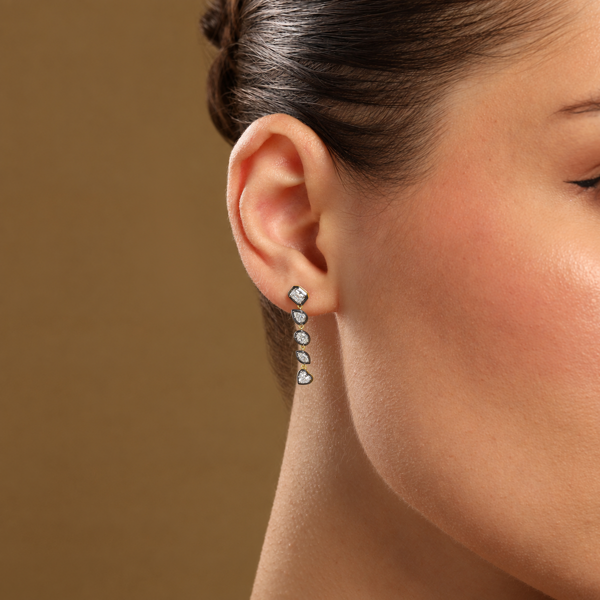 Multi Shape Diamond Black Bezel Drop Earrings in 14k yellow gold