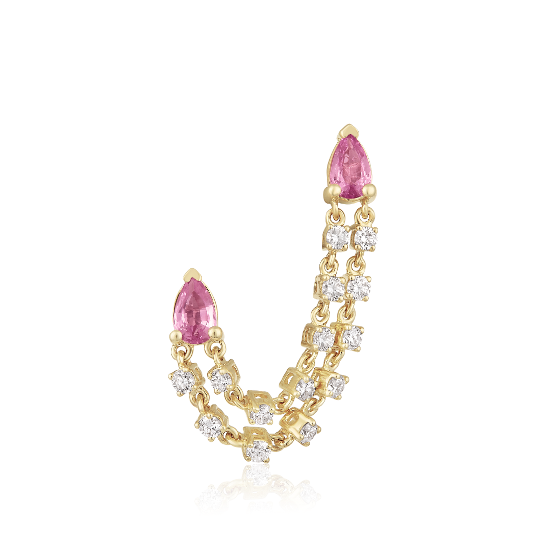 Pink Sapphire and Diamond Pear Double Chain Jacket Earrings in 14k yellow gold