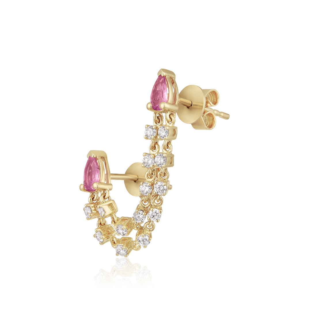 Pink Sapphire and Diamond Pear Double Chain Jacket Earrings in 14k yellow gold