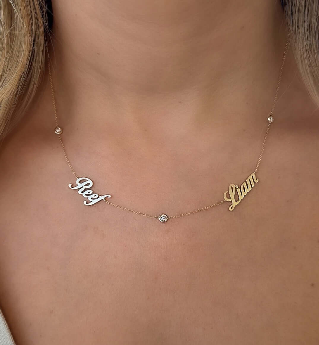 Multiple Name Diamond Bezels Station Necklace in 14K gold featuring personalized names and diamond accents.