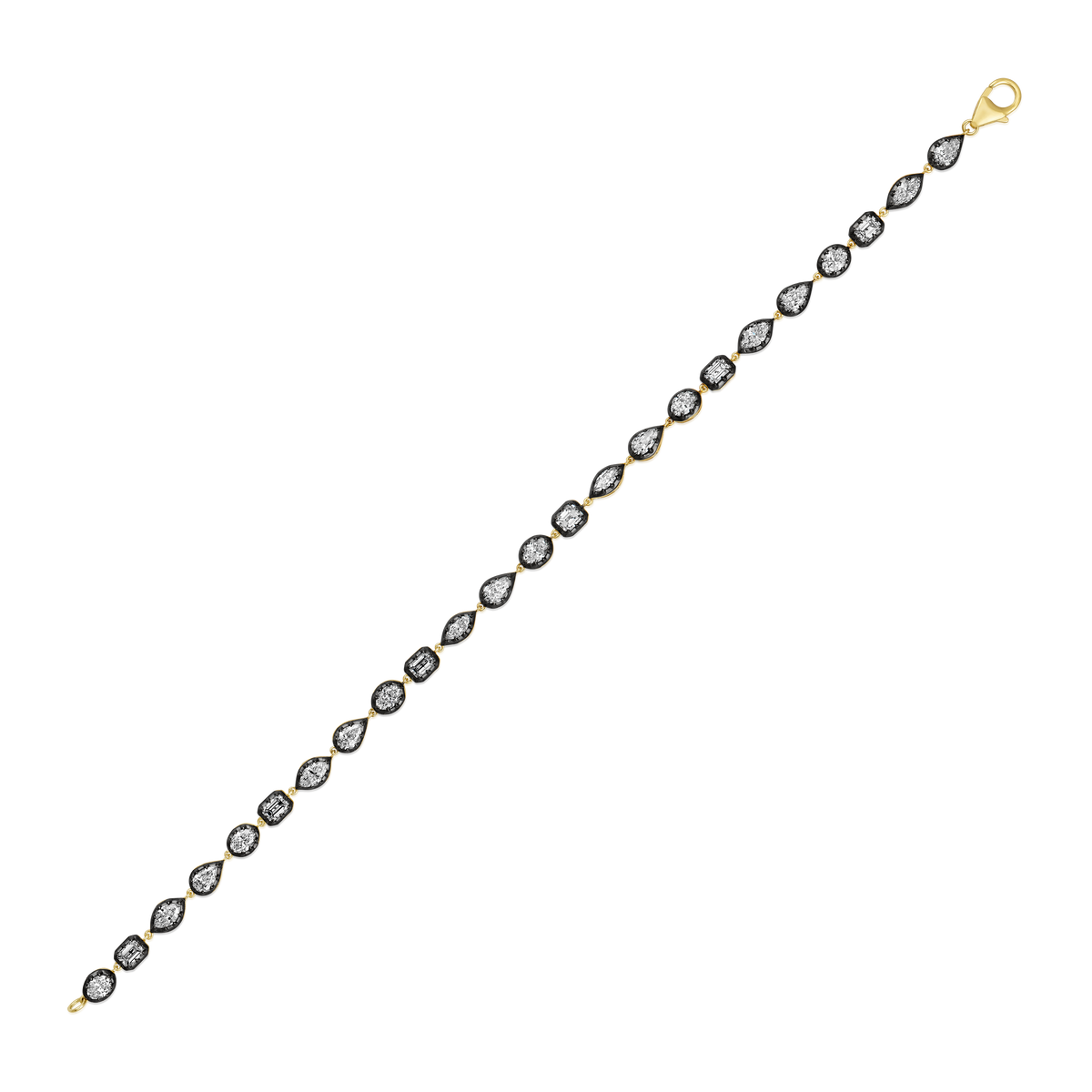 Multi Shape Diamond Black Bezel Tennis Bracelet in 14k yellow gold