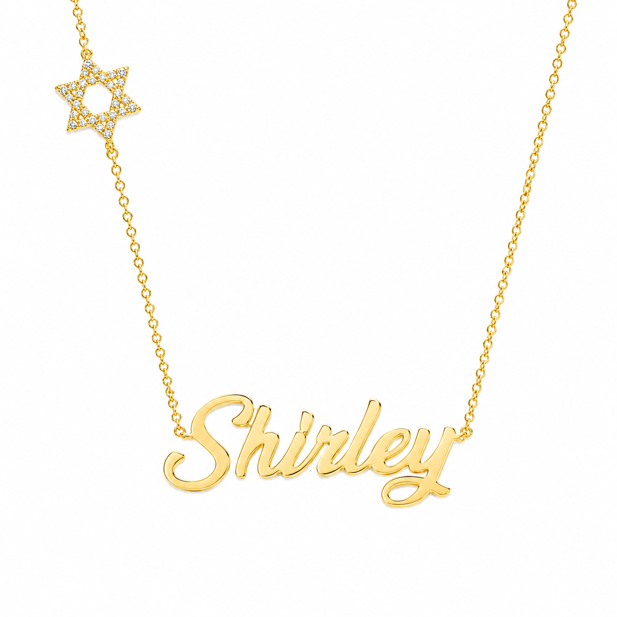 Diamond Motif Personalized Script Nameplate Necklace featuring the name Shirley with a diamond Star of David accent.