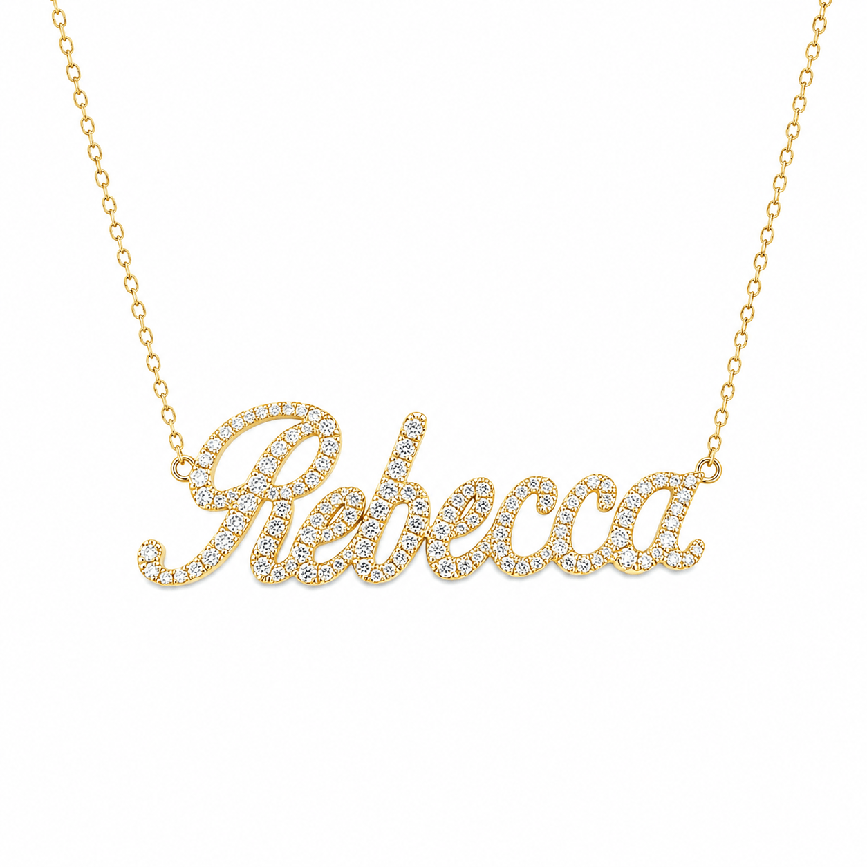 Personalized Script Nameplate Diamond Necklace in gold with diamonds spelling Rebecca.