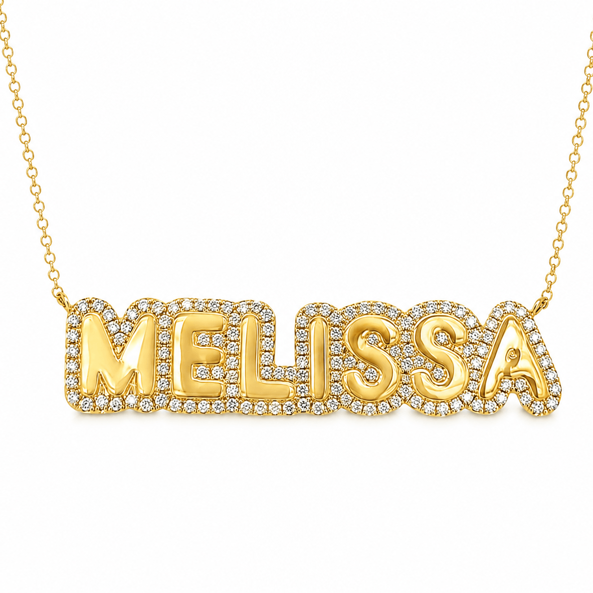 Personalized Diamond Cloud Nameplate Necklace in 14K gold featuring the name 'MELISSA' with shimmering diamonds.