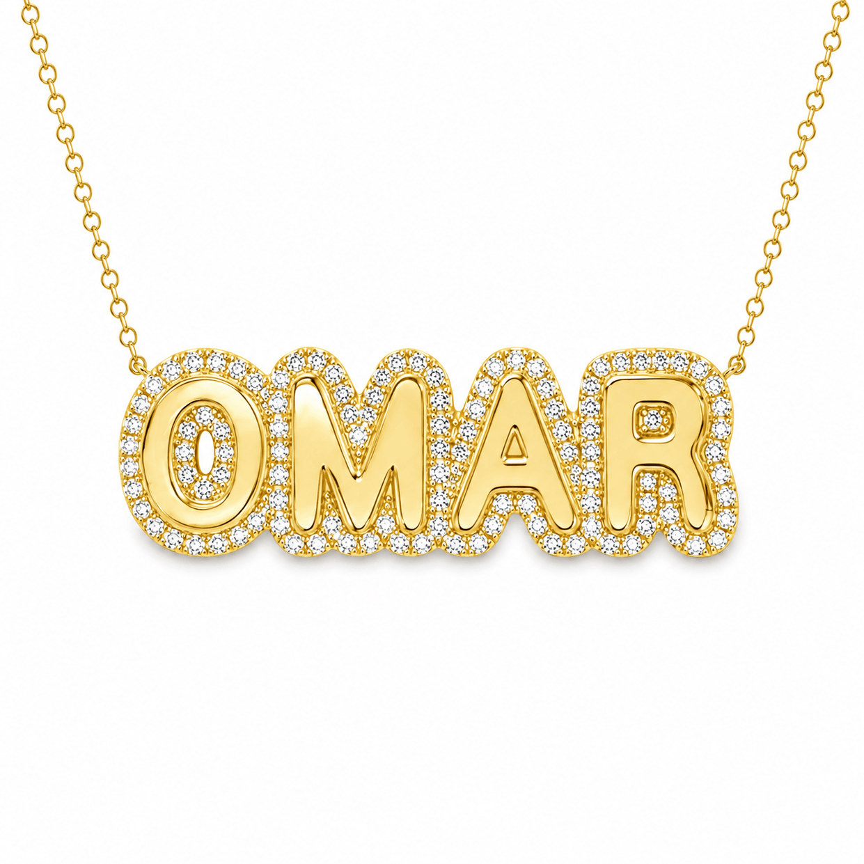 Personalized Diamond Cloud Nameplate Necklace featuring sparkling gold letters 'OMAR' with diamonds.