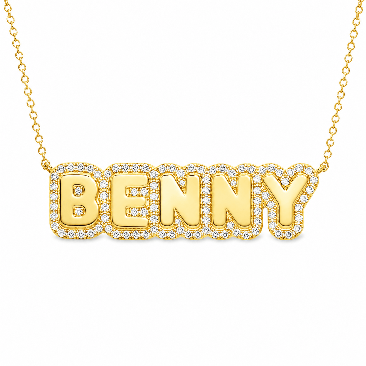 Personalized Diamond Cloud Nameplate Necklace featuring a gold nameplate with diamonds, spelling out 'BENNY'.