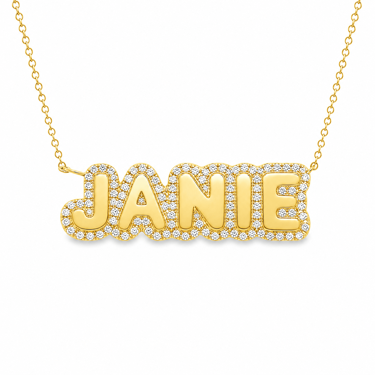Personalized Diamond Cloud Nameplate Necklace in 14K gold with sparkling diamond accents, highlighting the name 'Janie'.