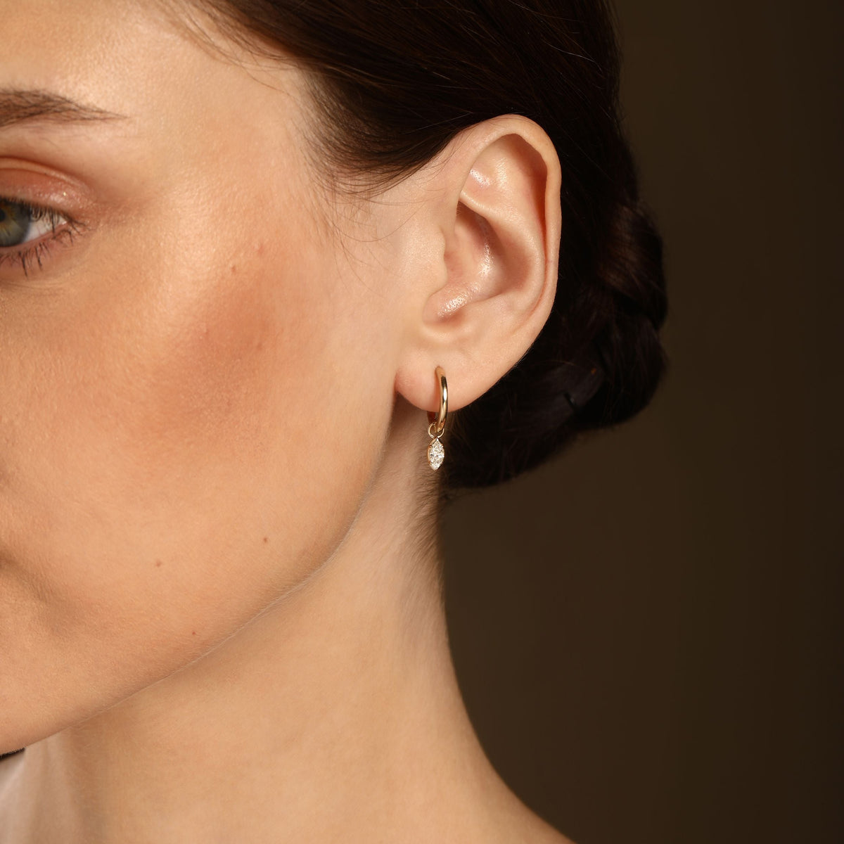 Marquise Diamond Drop Huggie Earrings in 14k yellow gold