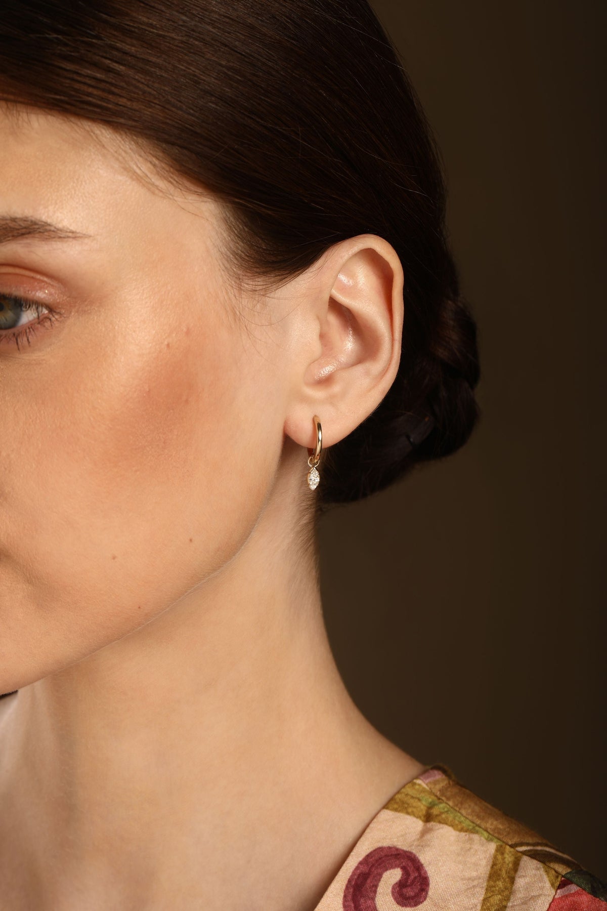 Marquise Diamond Drop Huggie Earrings in 14k yellow gold