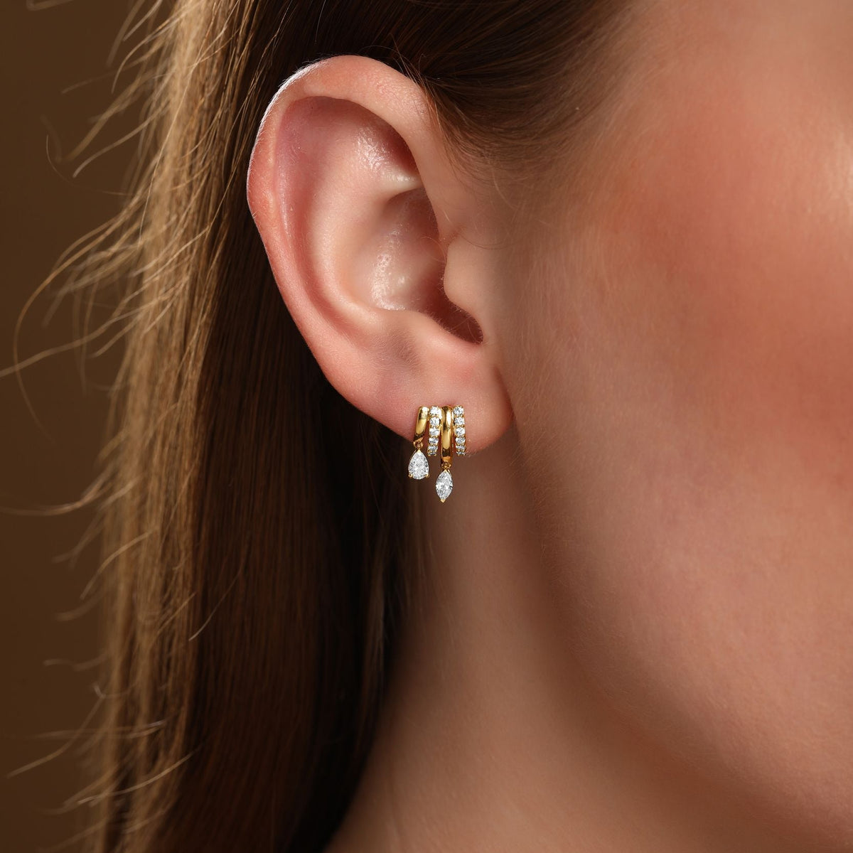 Marquise and Pear Diamond Three Row Drop Earrings in 14k yellow gold