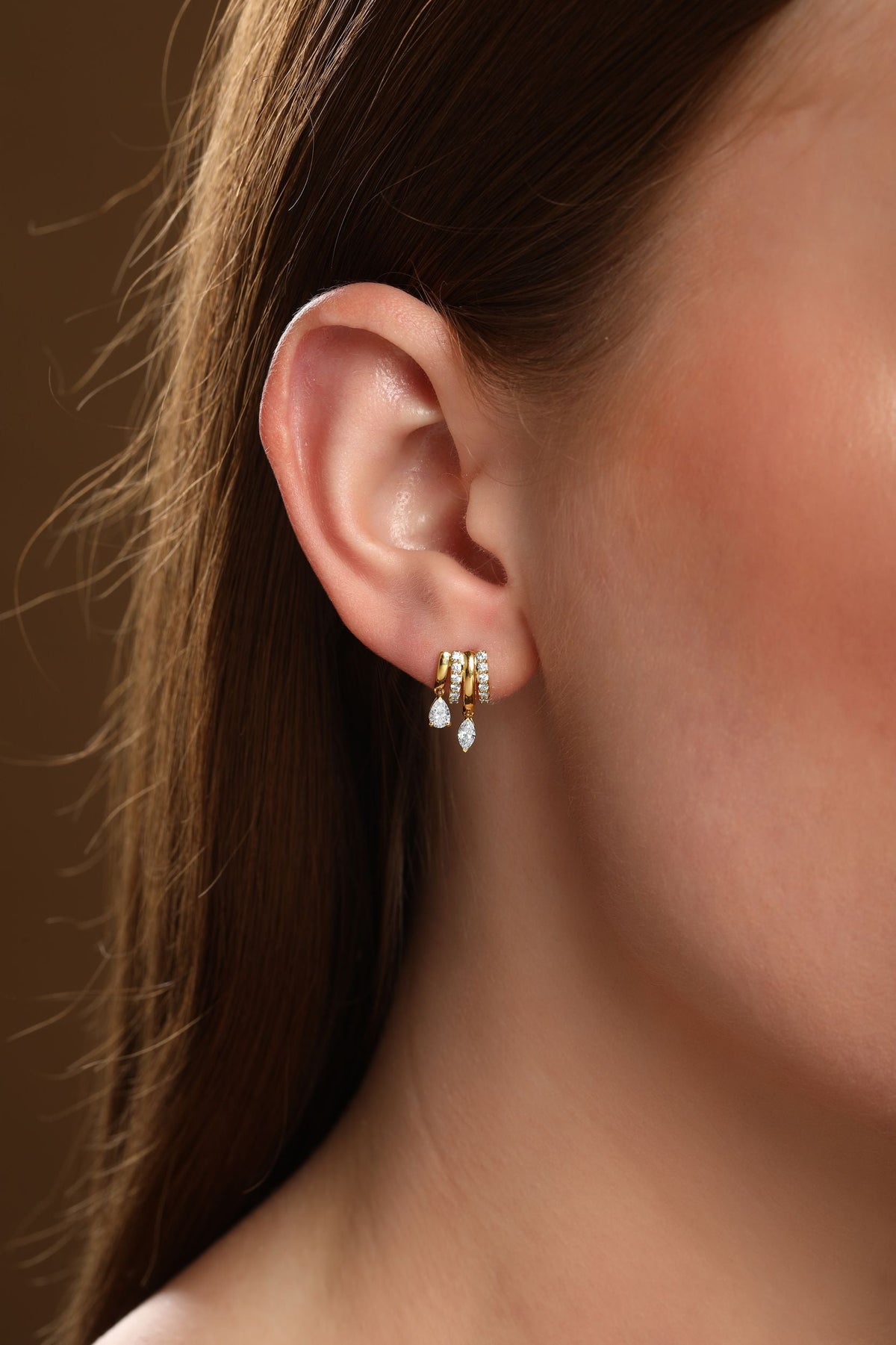 Marquise and Pear Diamond Three Row Drop Earrings in 14k yellow gold