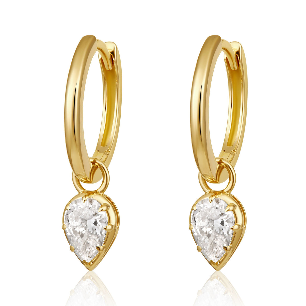 Pear Diamond Drop Huggie Earrings in 14k yellow gold