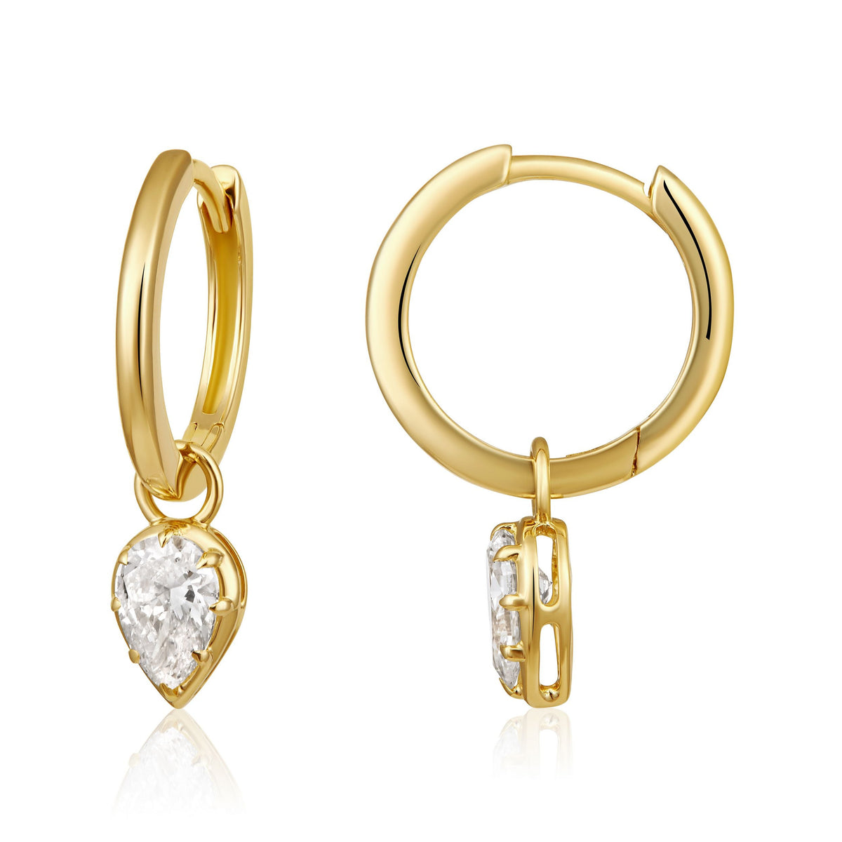 Pear Diamond Drop Huggie Earrings in 14k yellow gold