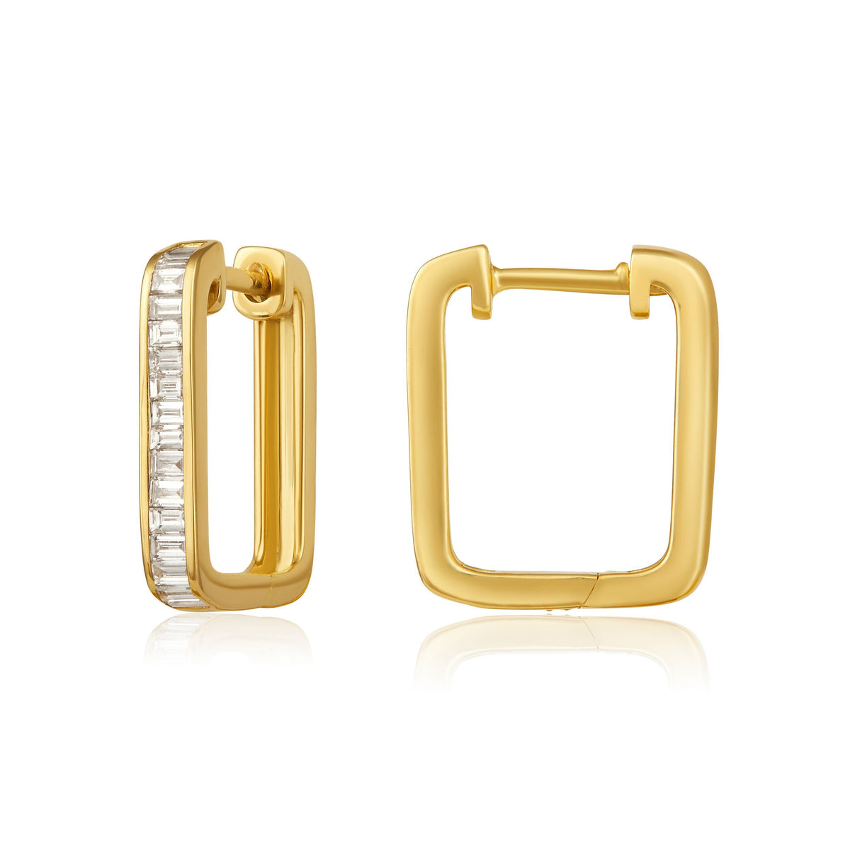 Baguette Diamond Rectangle Huggie Earrings in 14k yellow gold