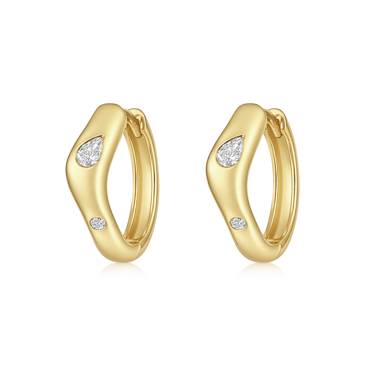 Pear and Round Diamond Chevron Huggie Earrings in 14k yellow gold