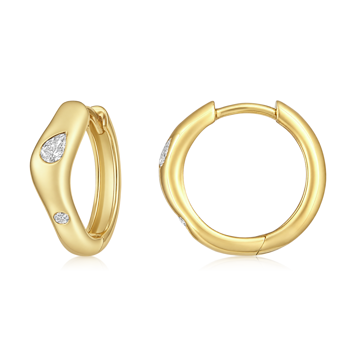 Pear and Round Diamond Chevron Huggie Earrings in 14k yellow gold