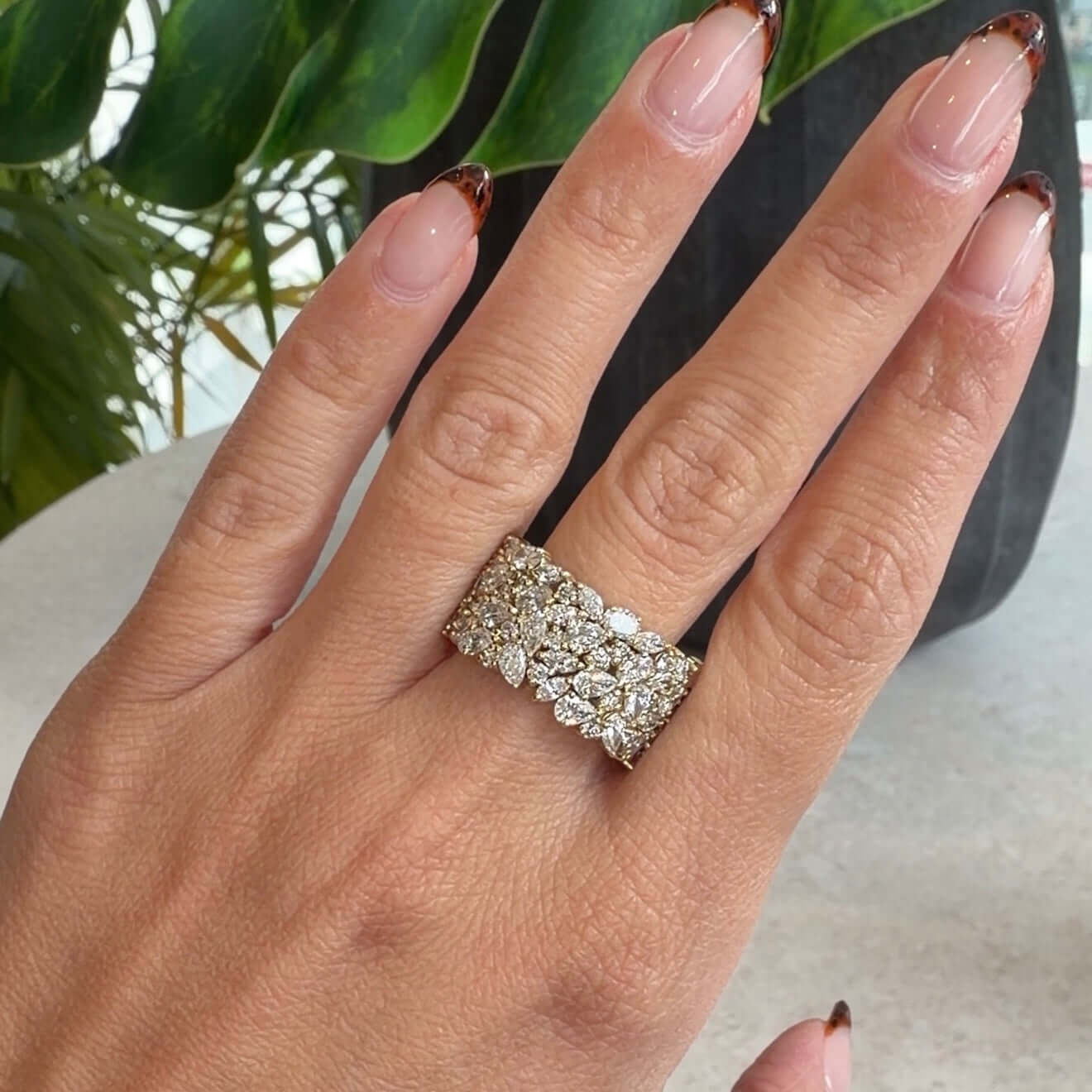 Multi Shape Lab Diamond Cluster Ring features a sparkling marquise and round diamond design on a hand.