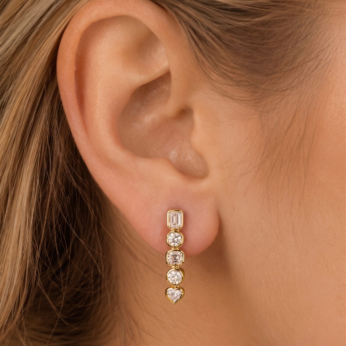Emerald Cut Diamond Heart Bezel Drop Earrings in 14k yellow gold