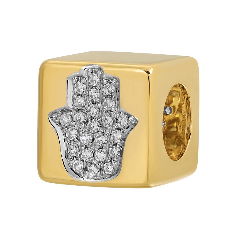 14K Gold Cube Hamsa Diamond Rondelle showcasing a micro pavé diamond Hamsa design.