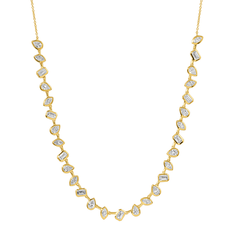 14K Gold Multi Shape Lab Diamond Necklace featuring pear, emerald, and marquise cut lab-grown diamonds.