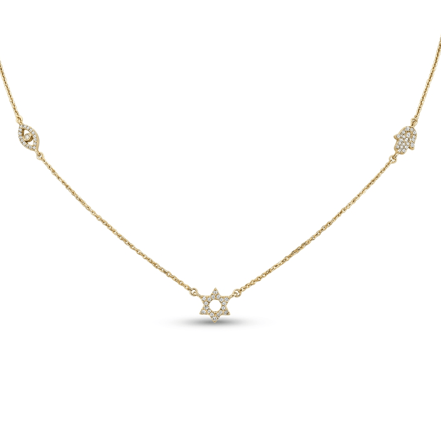 Petite Diamond Hamsa Evil Eye & Star Of David Station Necklace in 14K gold with micro pave diamonds.