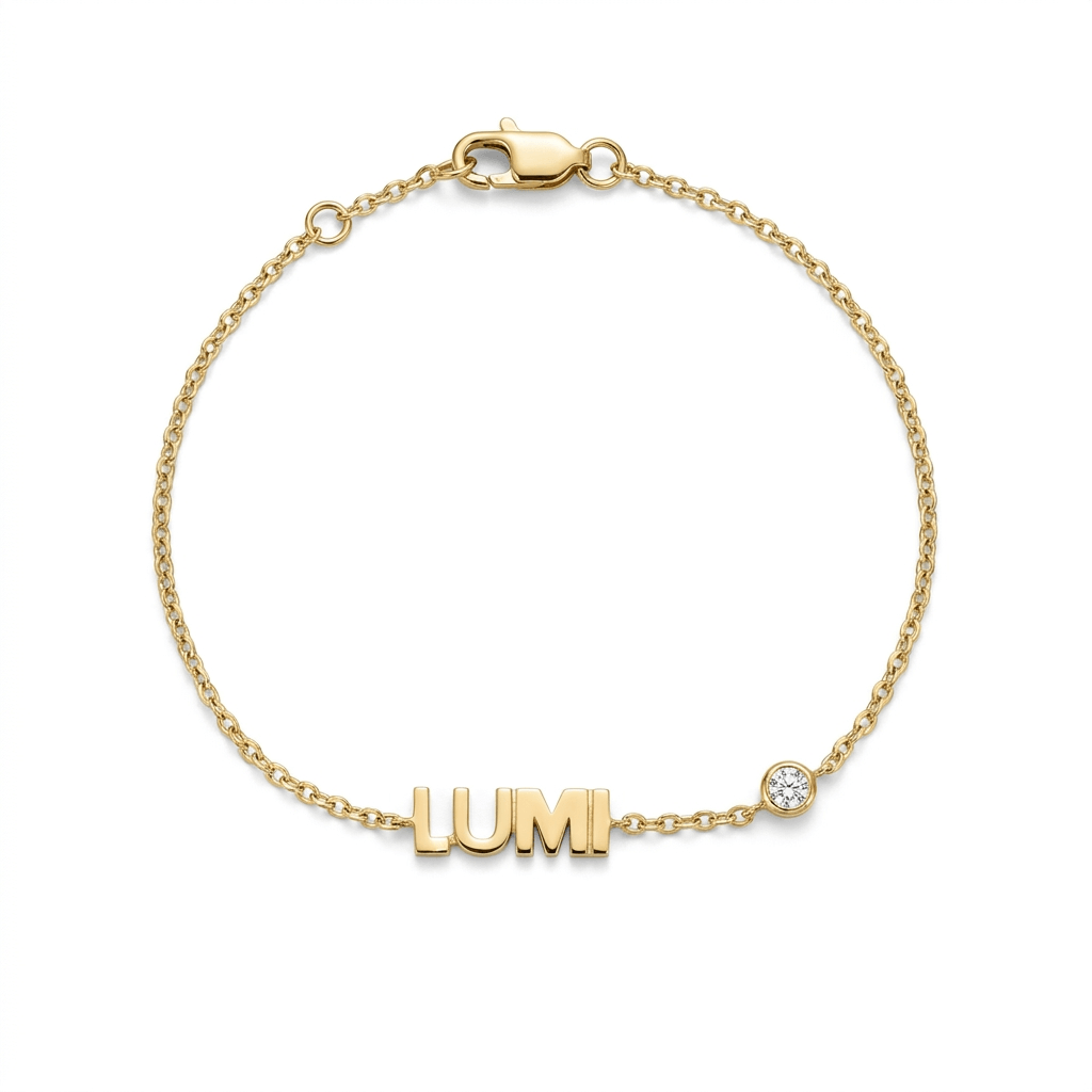 Children's Personalized Block Name Birthstone Bracelet with gold charm and birthstone.