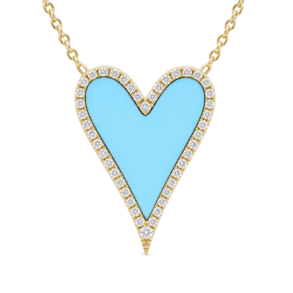 A 14k gold pendant necklace featuring a turquoise inlaid heart framed by a halo of pavé diamonds.