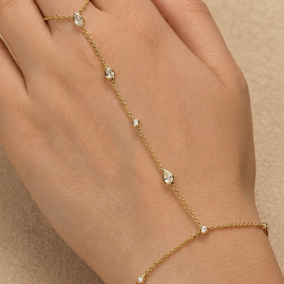 Marquise and Pear Diamond Bezel Hand Chain in 14k yellow gold