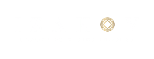 Izakov Diamonds + Fine Jewelry logo featuring a sophisticated design with a gold accent on a transparent background