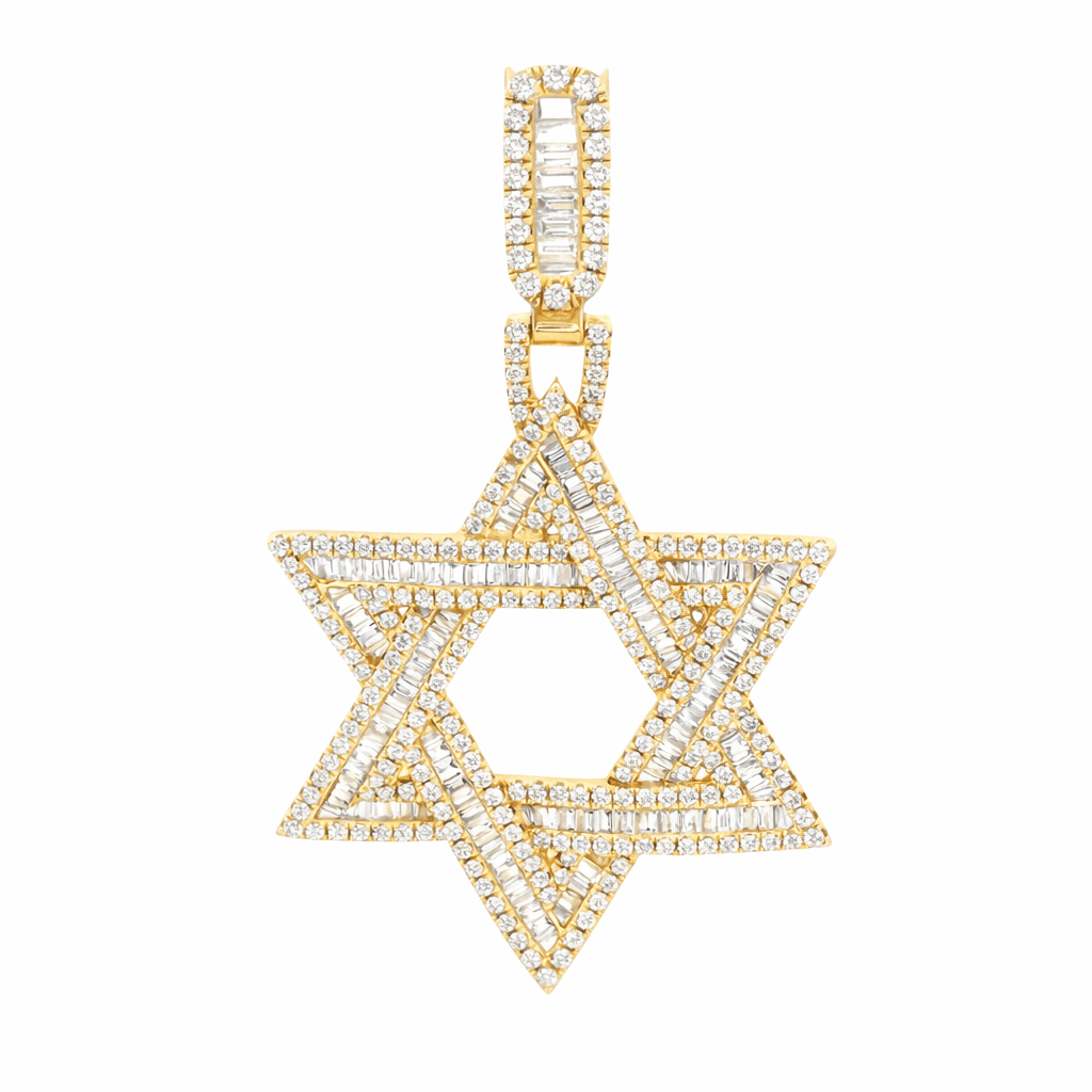 Gold and diamond Star of David pendant on a white background