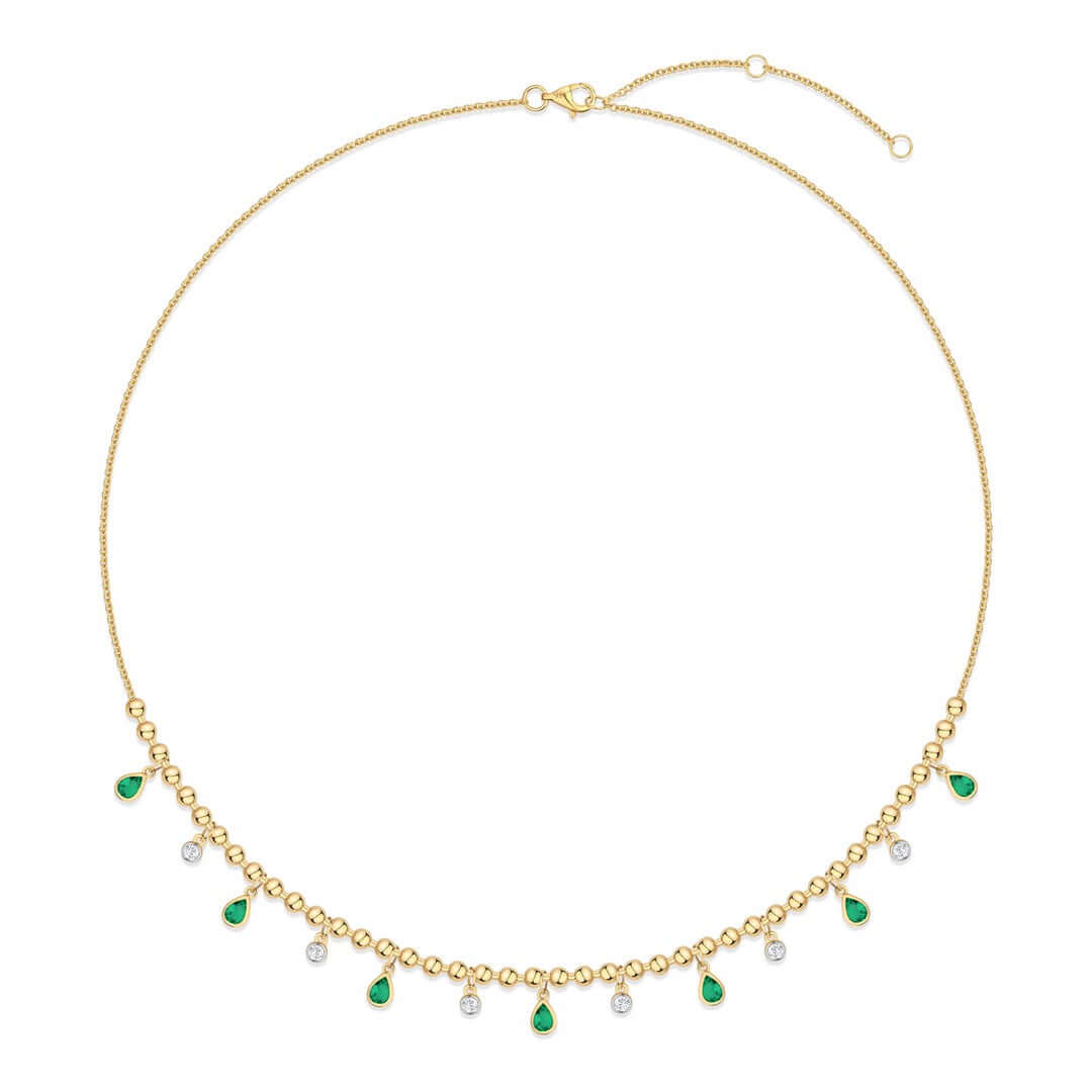 14K Gold Drop Pear Gemstone Bezel Ball Chain Diamond Necklace featuring emerald pear drops and diamond accents.