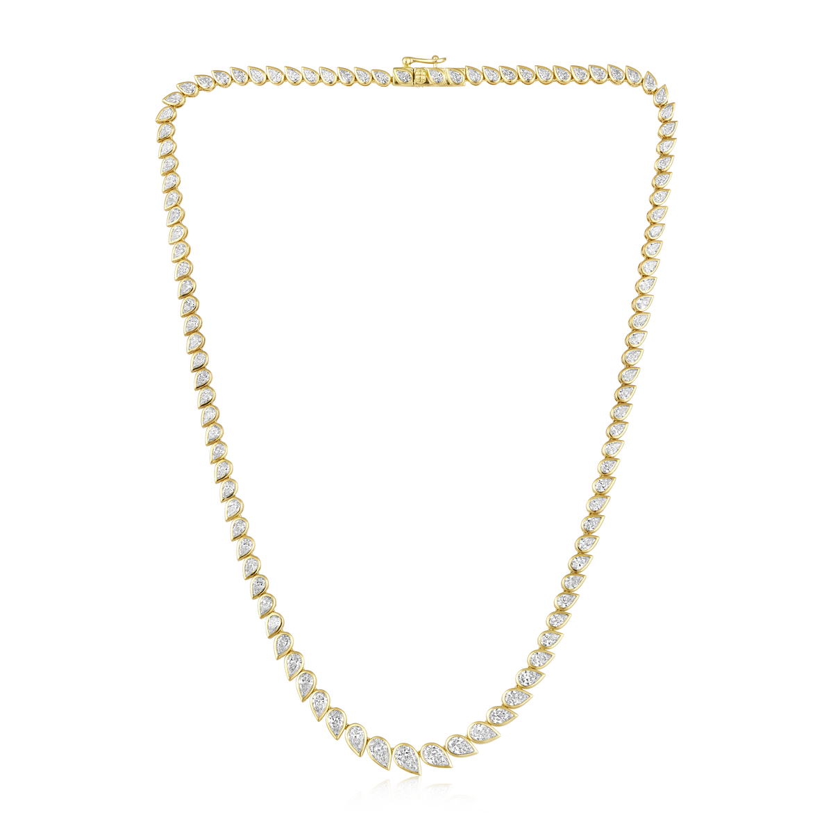 Graduated Pear Diamond Bezel Tennis Necklace in 14k yellow gold