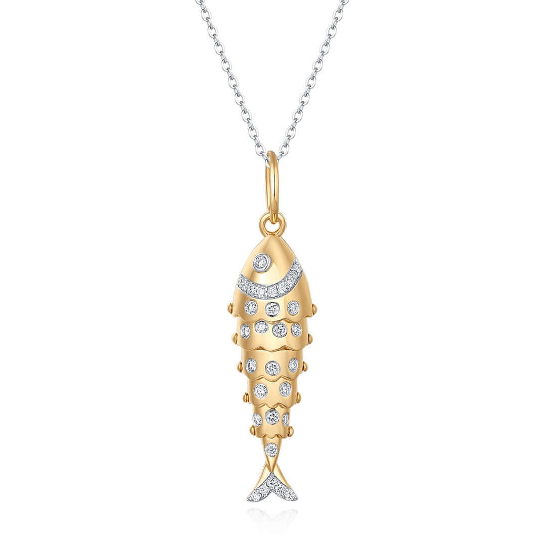 14K Gold Lucky Fish Diamond Necklace Pendant featuring micro pave diamonds and elegant design.