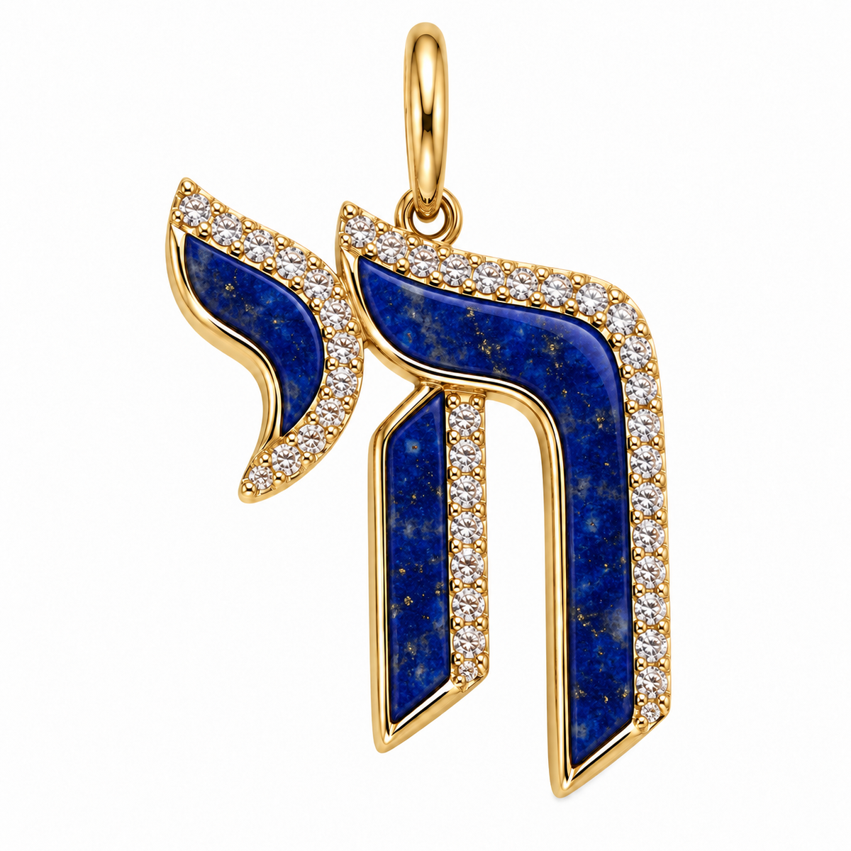 Hebrew Chai Gemstone Diamond Pendant in lapis and 14k yellow gold with natural diamonds