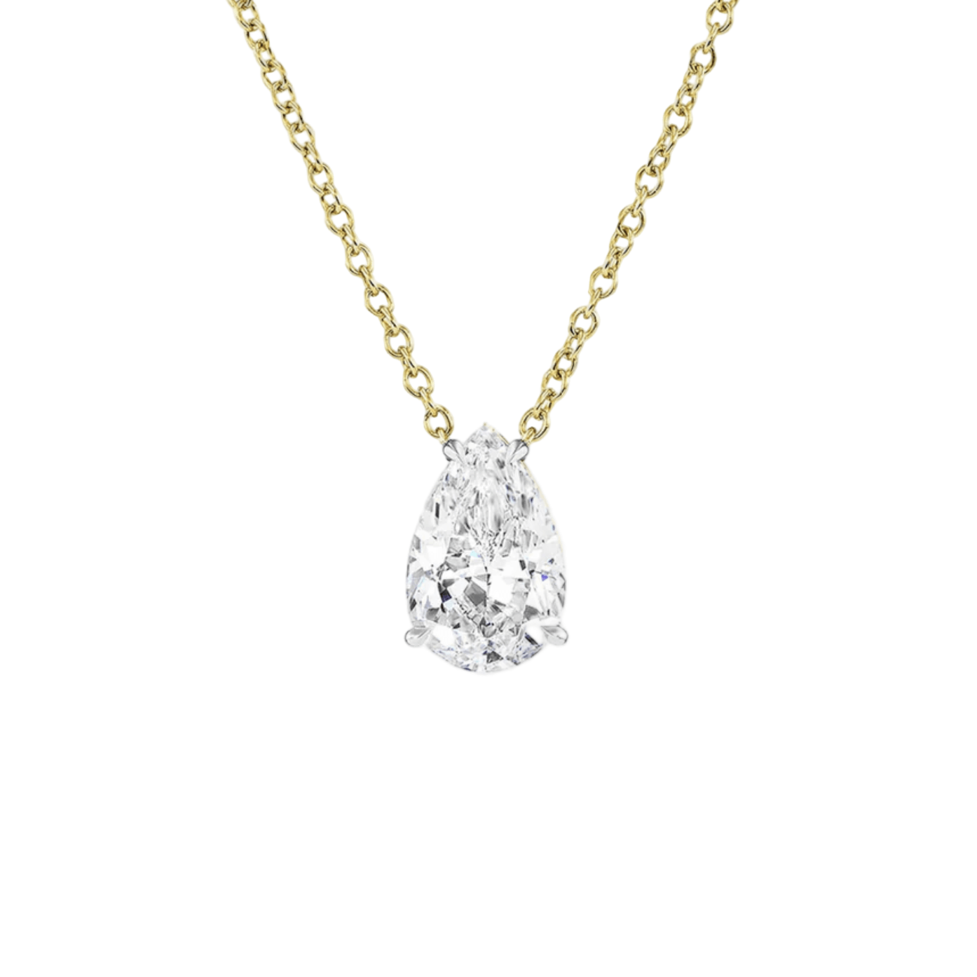 Floating Solitaire Lab-Grown Diamond Necklace with pear-shaped diamond on gold chain by Izakov Fine Jewelry.