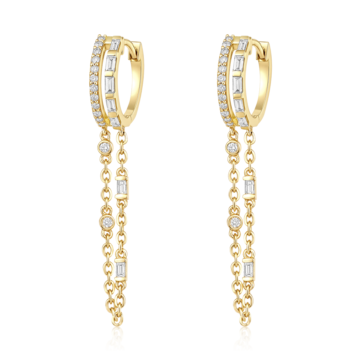 Baguette Diamond Station Double Chain Huggie Earrings in 14k yellow gold