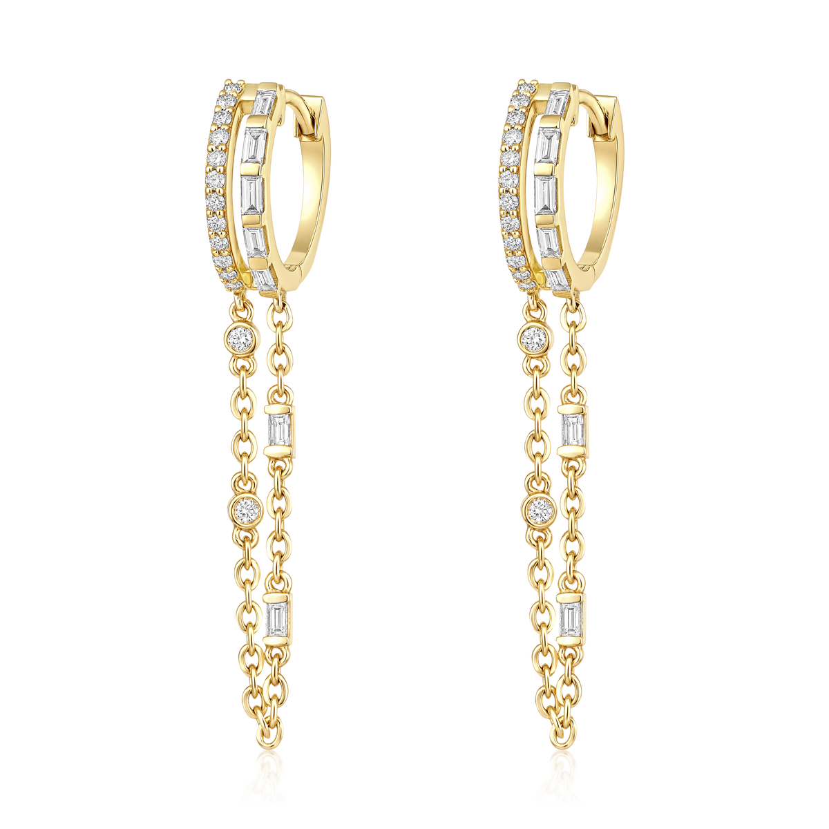 Baguette Diamond Station Double Chain Huggie Earrings in 14k yellow gold