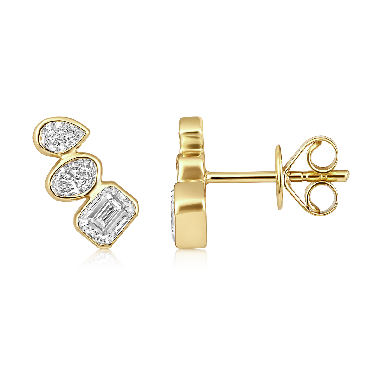 Trio Multi Shape Diamond Bezel Stud Earrings in 14k yellow gold