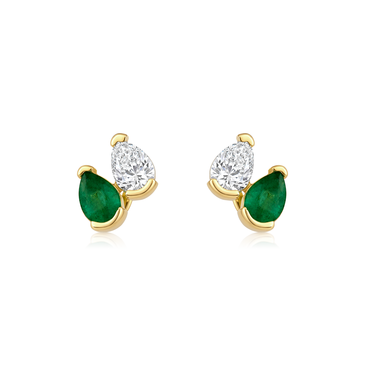 Emerald and Diamond Pear Double Prong Stud Earrings in 14k yellow gold