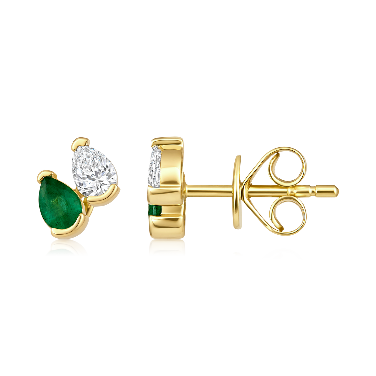 Emerald and Diamond Pear Double Prong Stud Earrings in 14k yellow gold