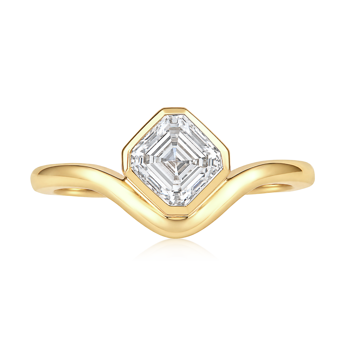 Asscher Cut Diamond Bezel Curved Pinky Ring in 14k yellow gold