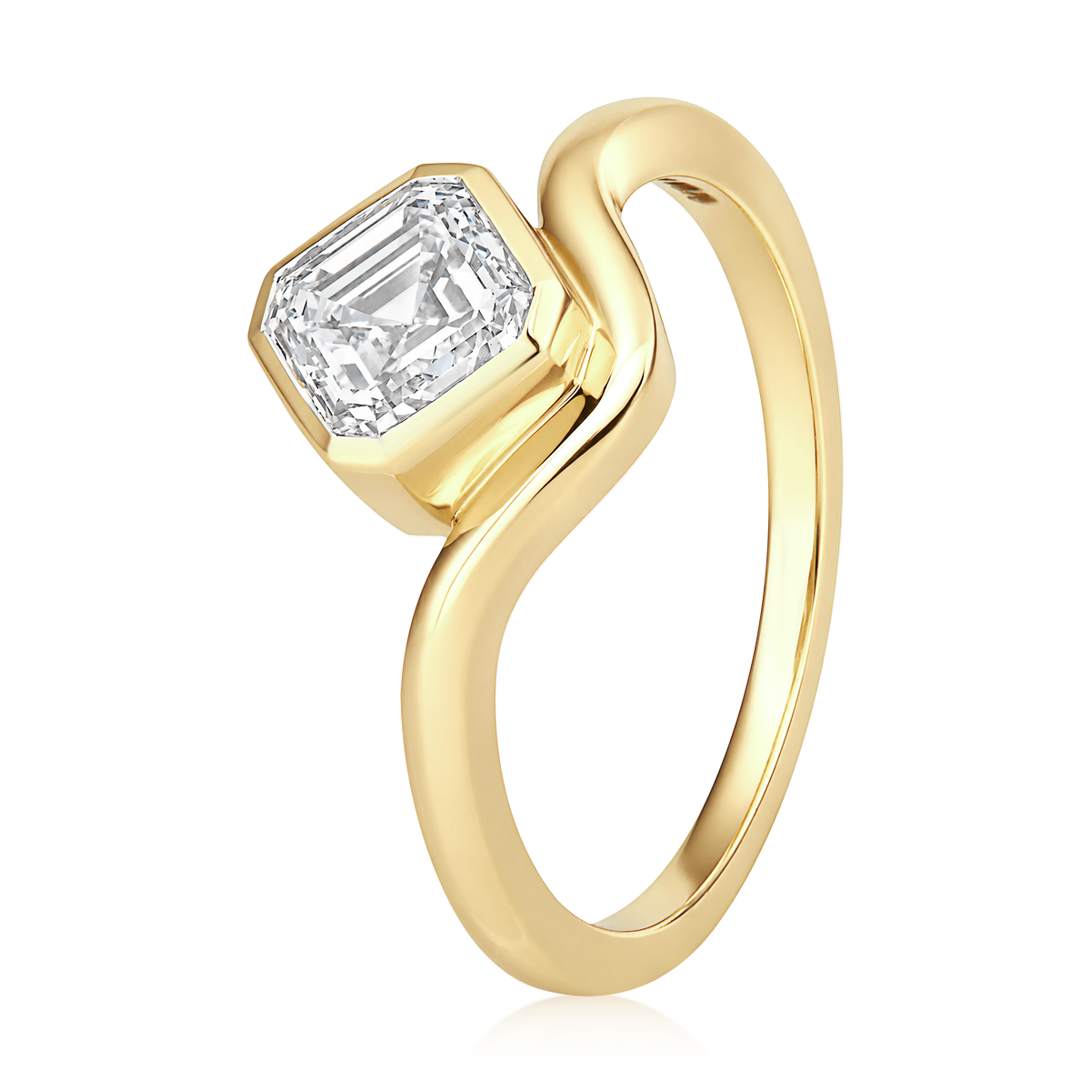Asscher Cut Diamond Bezel Curved Pinky Ring in 14k yellow gold