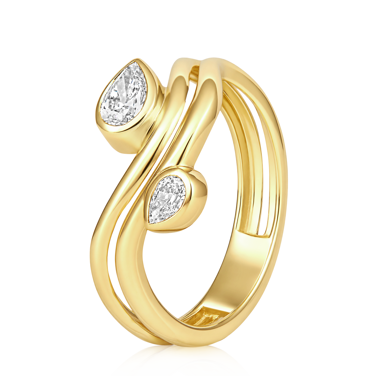 Double Pear Diamond Bezel Swirl Wrap Ring in 14k yellow gold