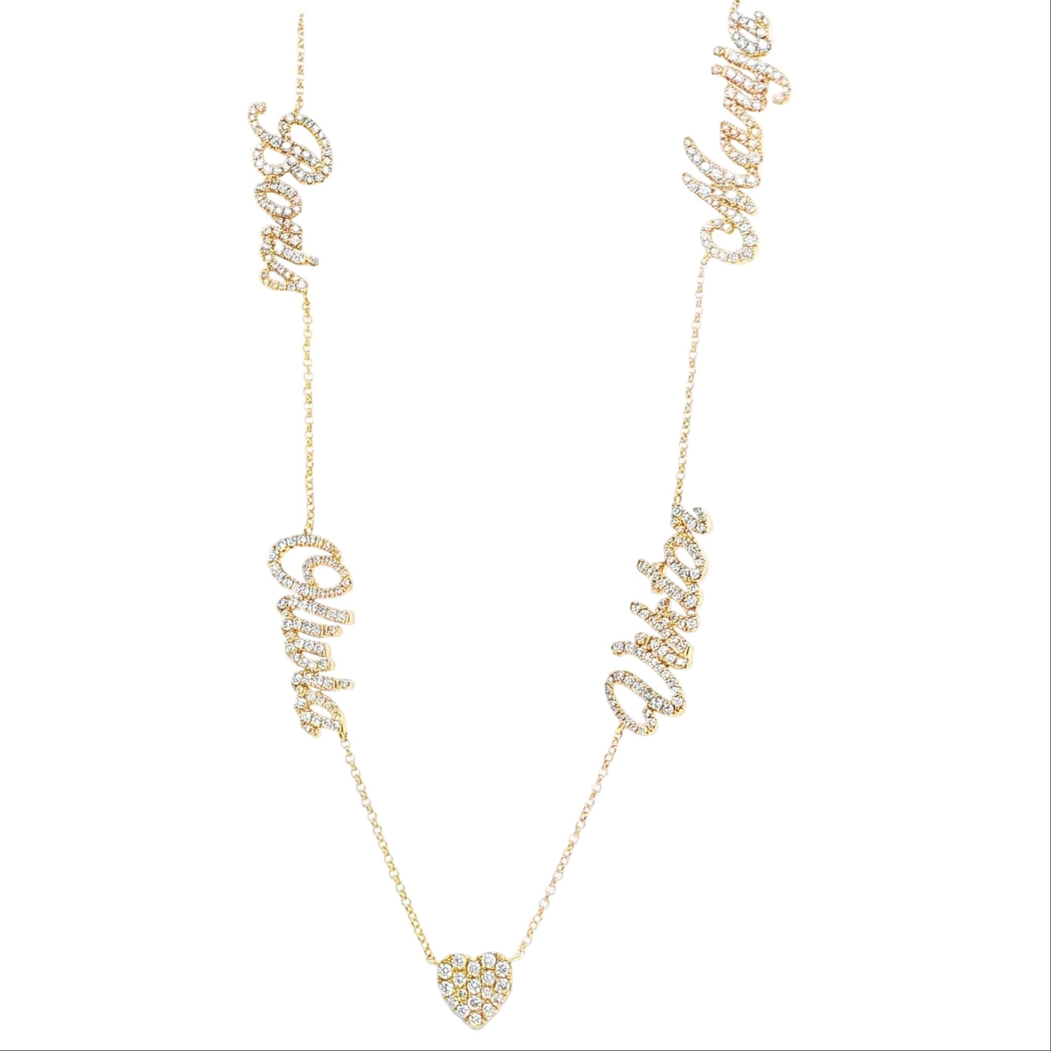 Personalized Multiple Nameplates Heart Diamond Necklace from Izakov Fine Jewelry featuring gold nameplates and micro pave diamonds.
