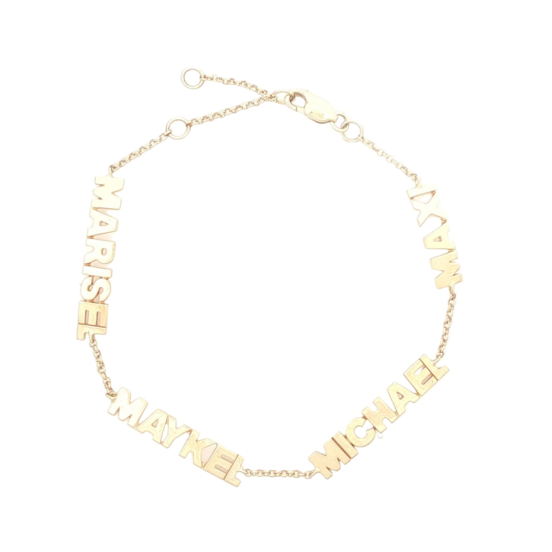 14K Gold Personalized Multiple Block Nameplate Bracelet featuring names Marisel, Maykel, and Michael on a gold chain.