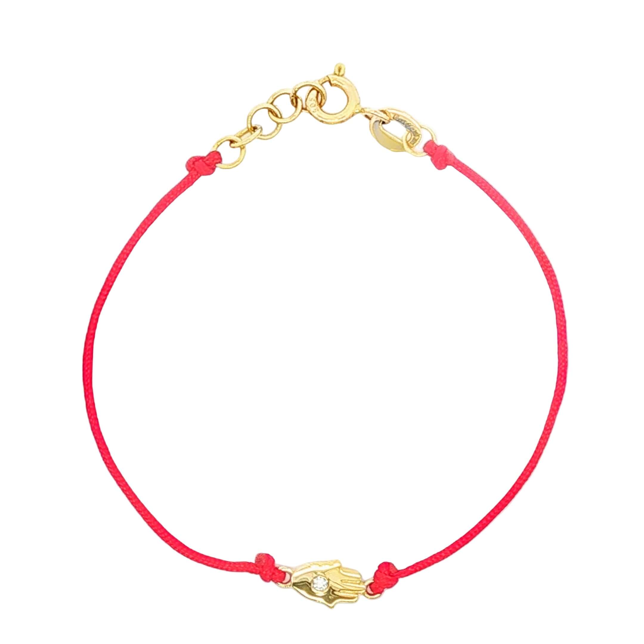 14K Gold Diamond Accented Hamsa Cord Baby Bracelet with red cord and gold clasp