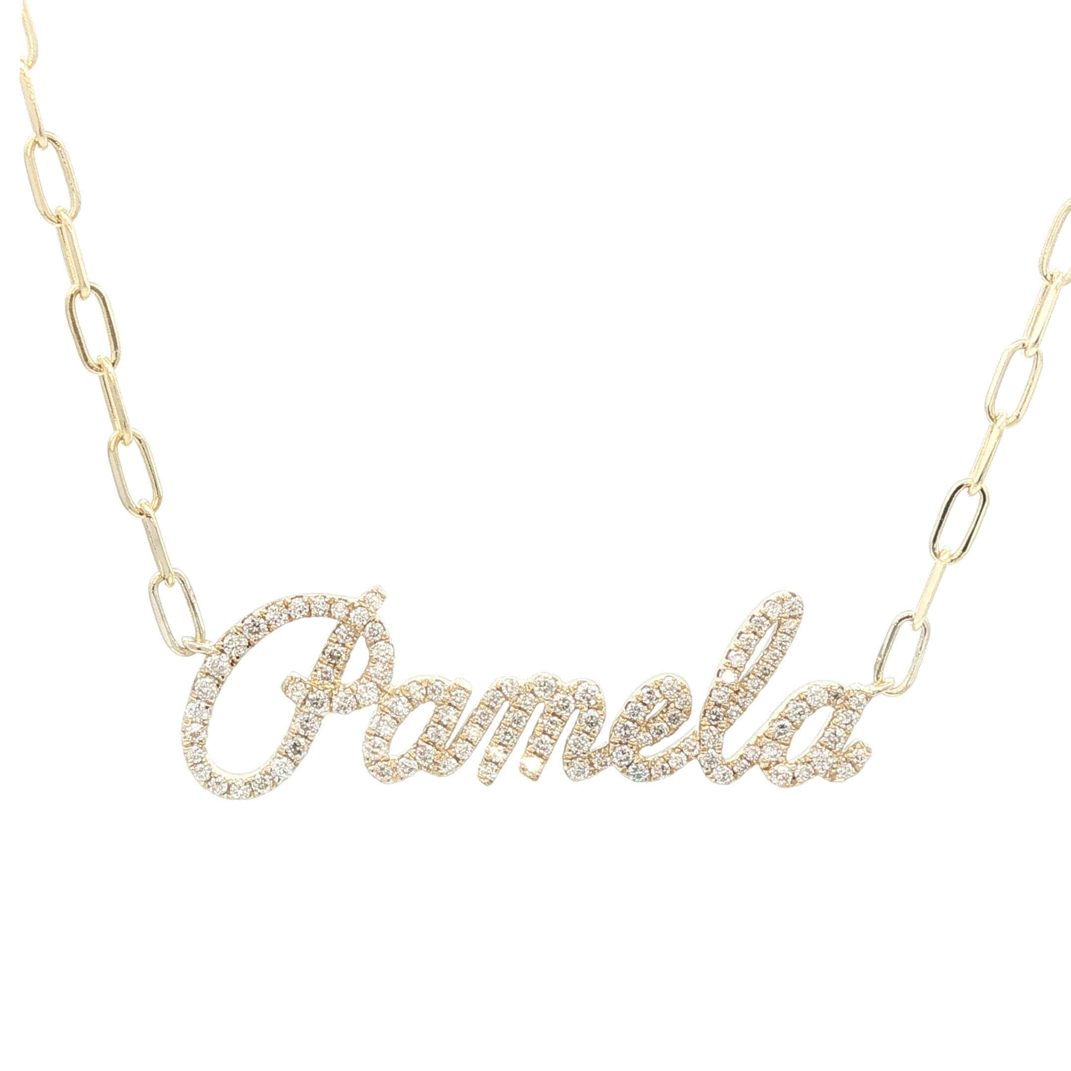 14K Gold Personalized Script Nameplate Diamond Necklace featuring the name 'Pamela' in sparkling diamonds.