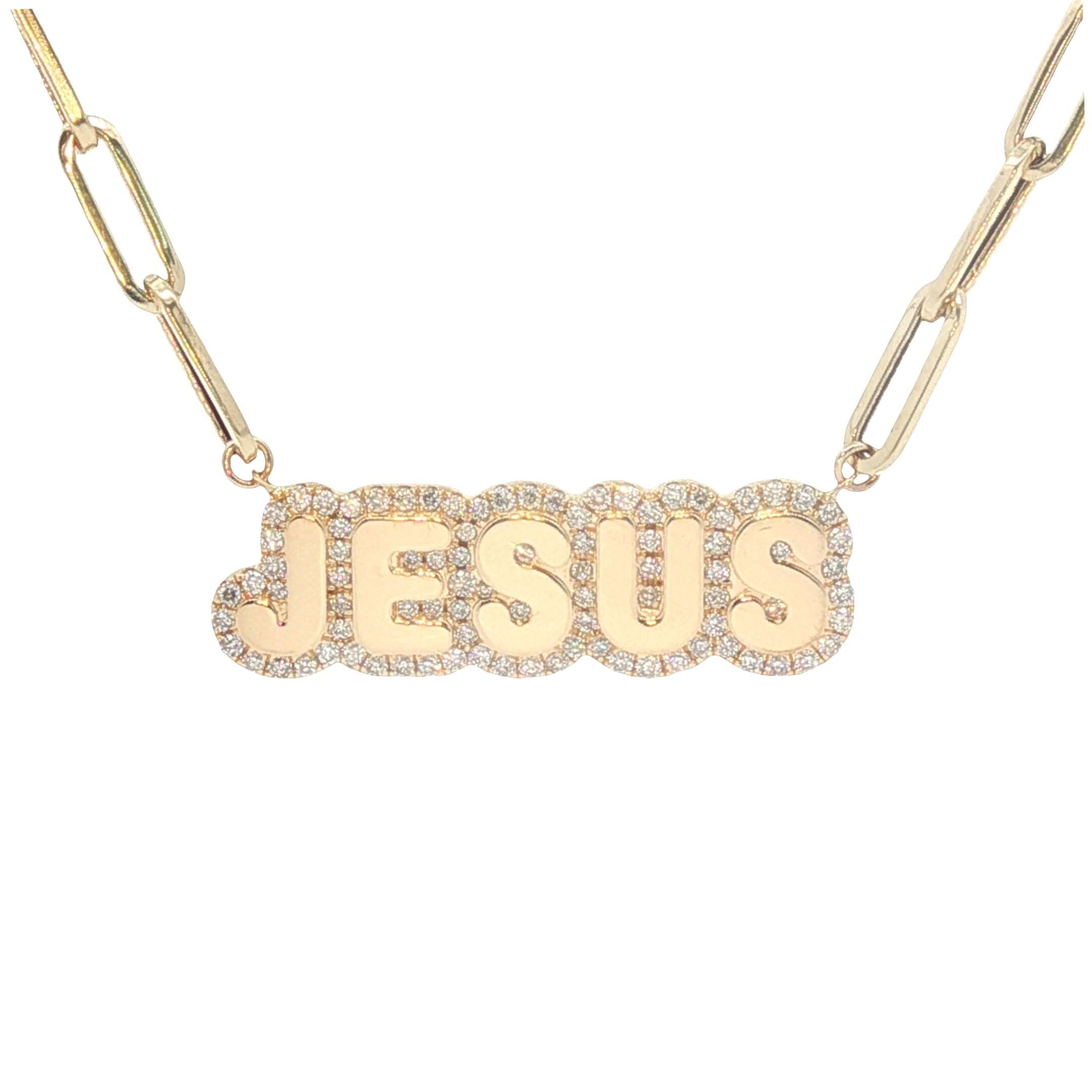 Personalized Diamond Cloud Nameplate Necklace featuring a gold JESUS pendant with diamonds.