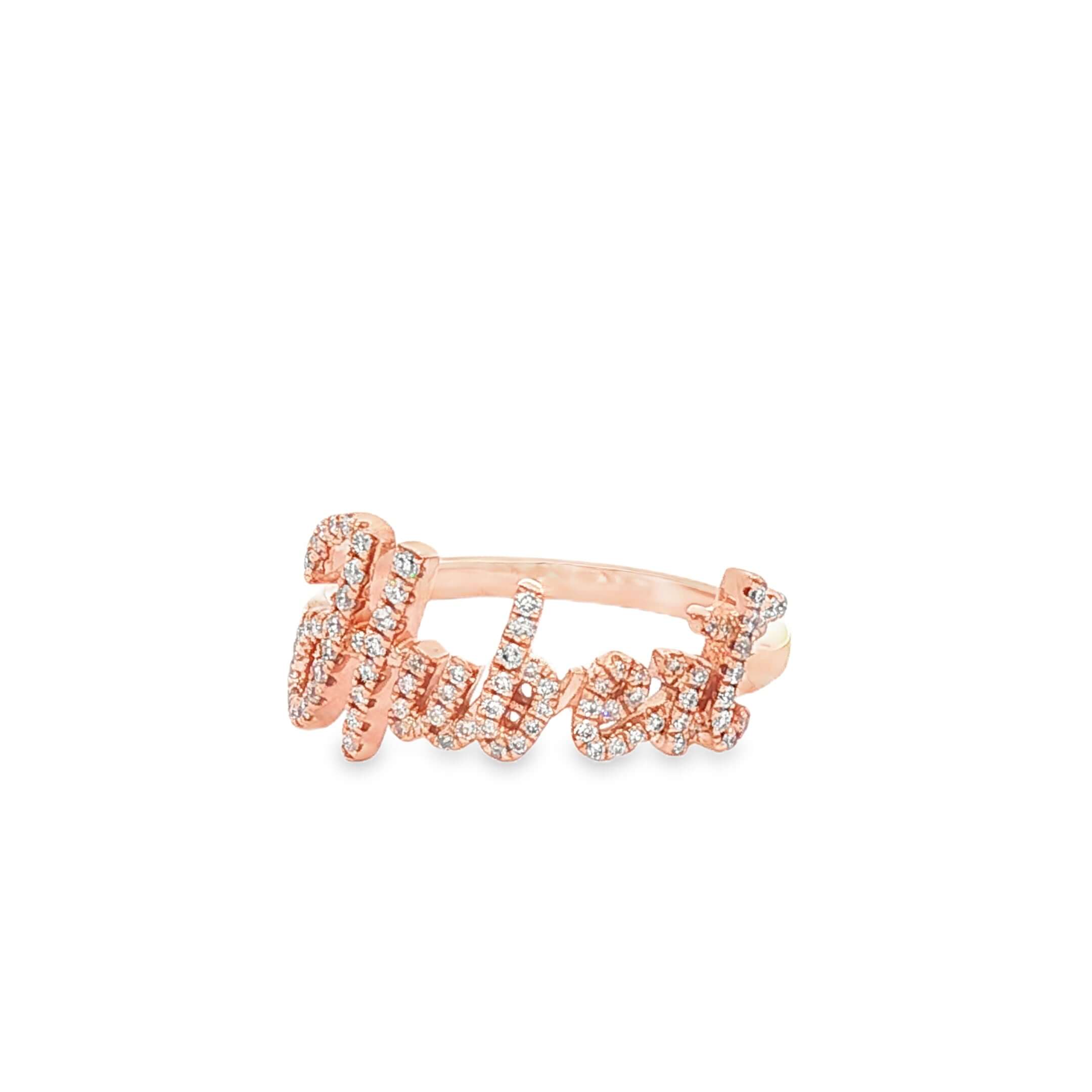 14K Gold Personalized Script Nameplate Diamond Ring made with natural diamonds in a stylish rose gold setting.
