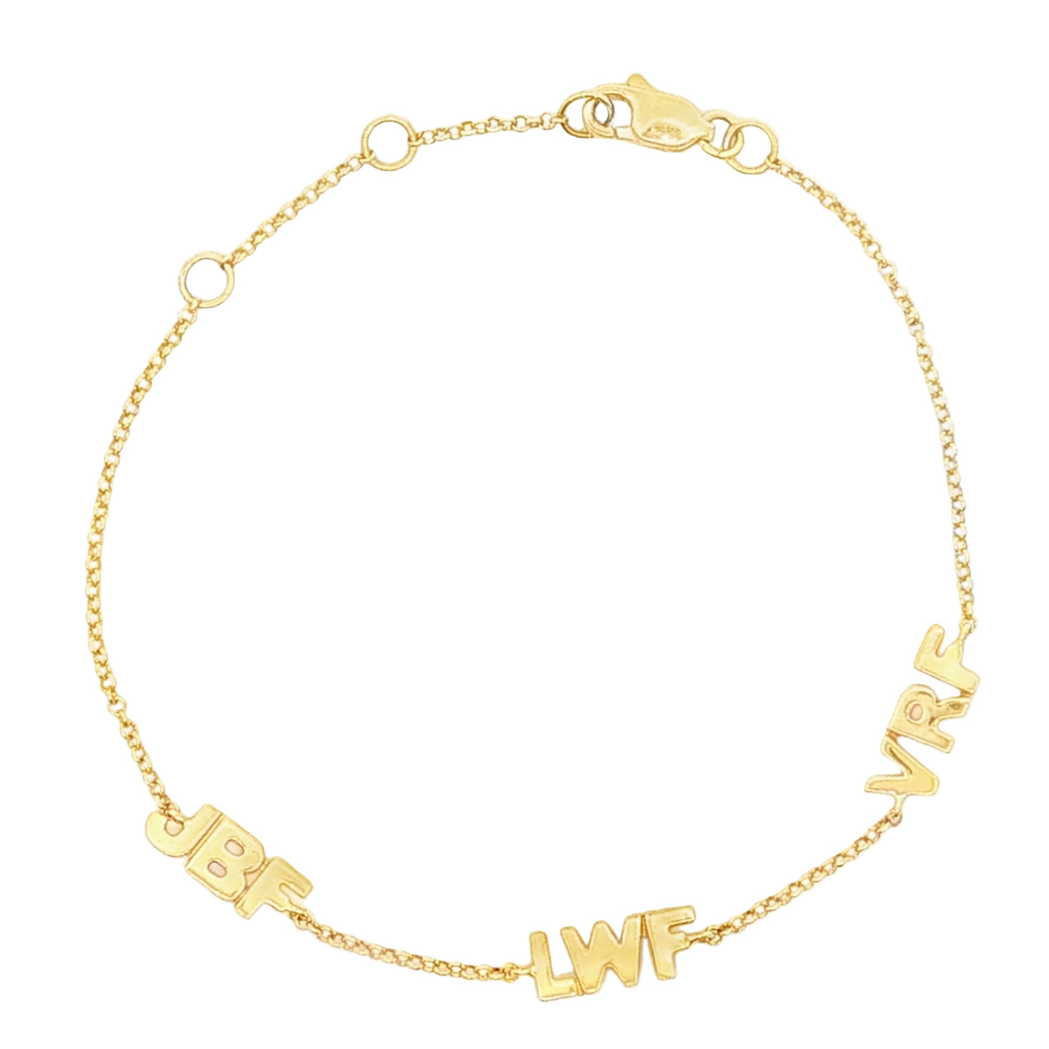 Gold bracelet with personalized name charms on a white background